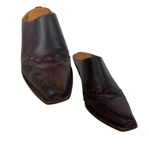 Charlie 1 Horse Brown Leather Western Mule Heels‎ Square Toe 7.5B